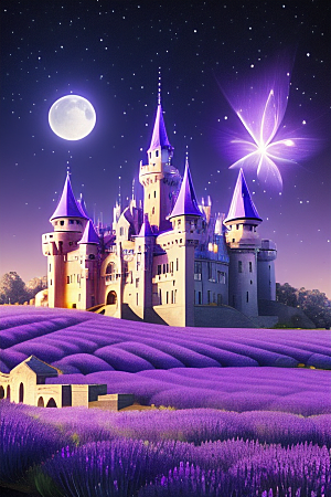 清澈天空中的童话城堡与透明蝴蝶