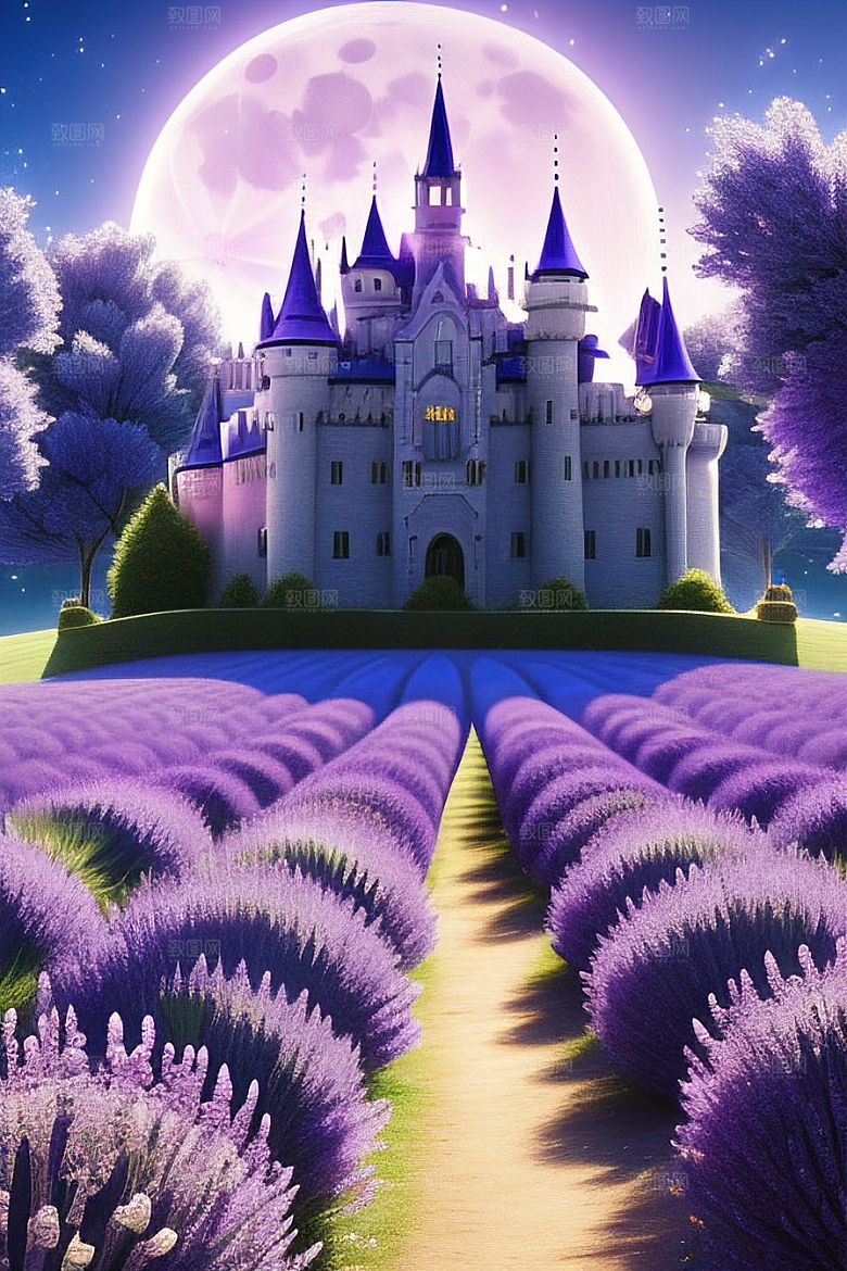 清澈天空下的童话城堡与透明蝴蝶