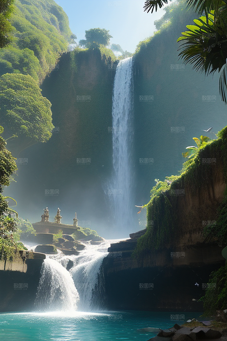 神秘古堡瀑布巅峰丛林中的庄严大教堂