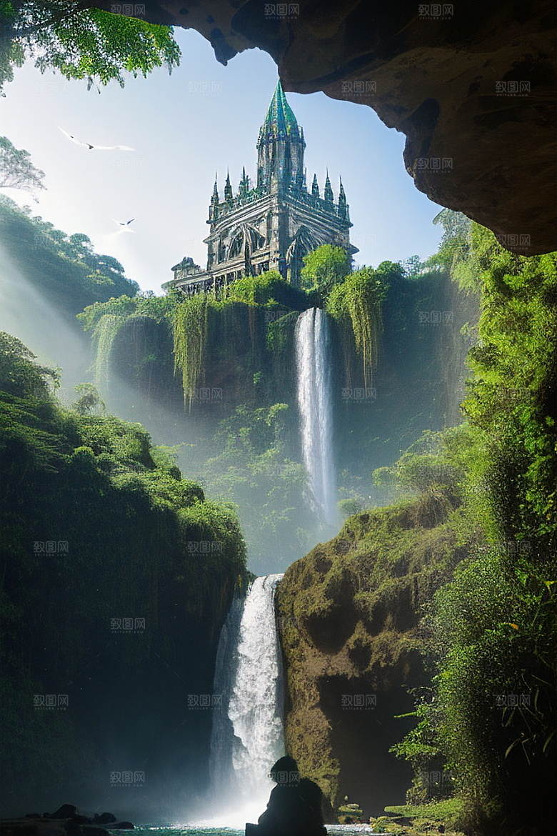 神秘古堡瀑布巅峰丛林中的庄严大教堂