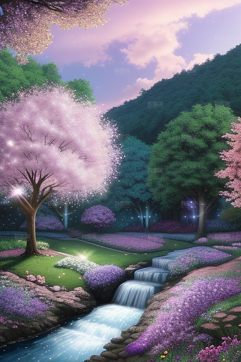 清晨的蓝色花园美景