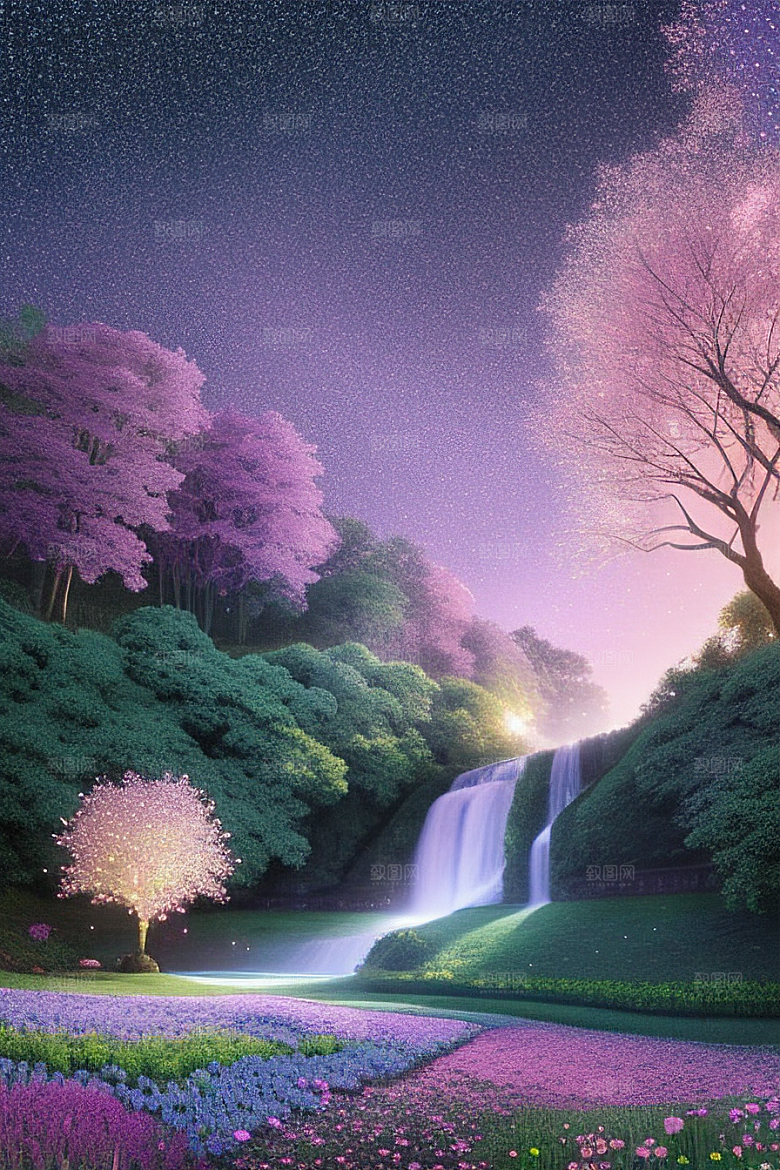 清晨的蓝色花园美景