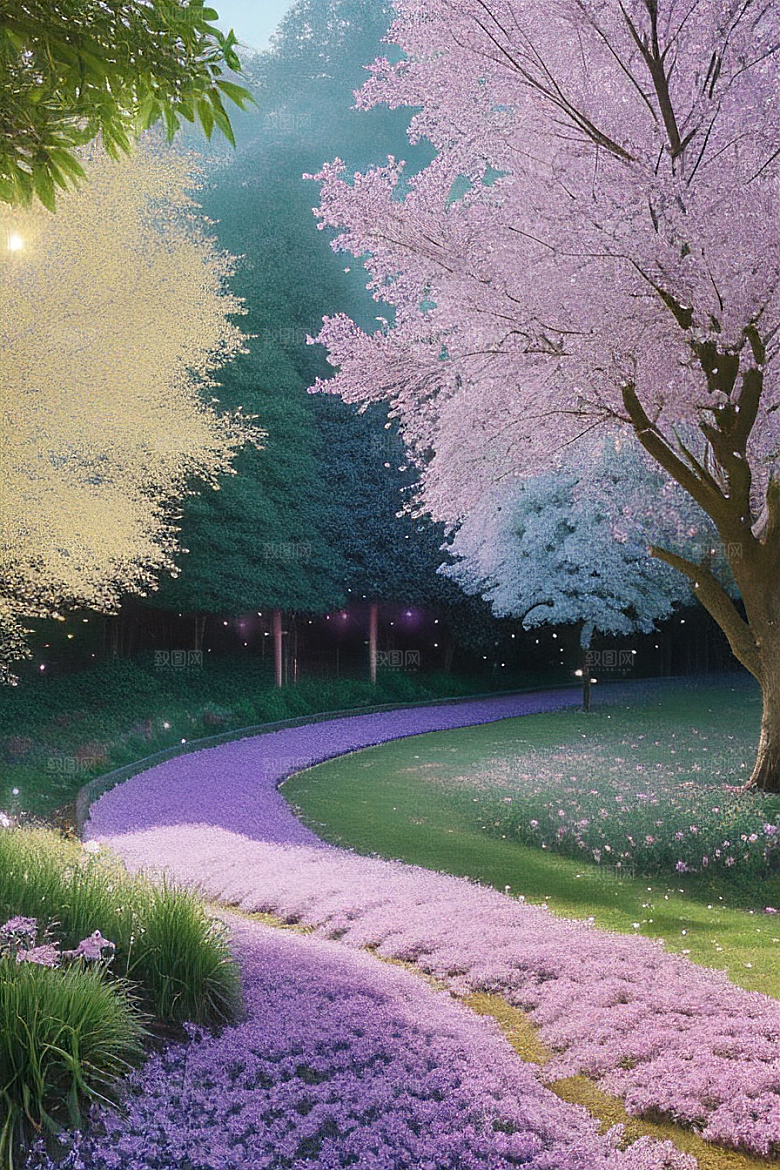 清晨的蓝色花园美景