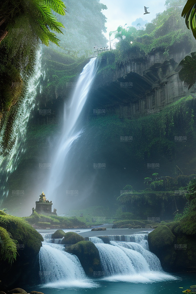 神秘古堡瀑布巅峰丛林中的庄严大教堂
