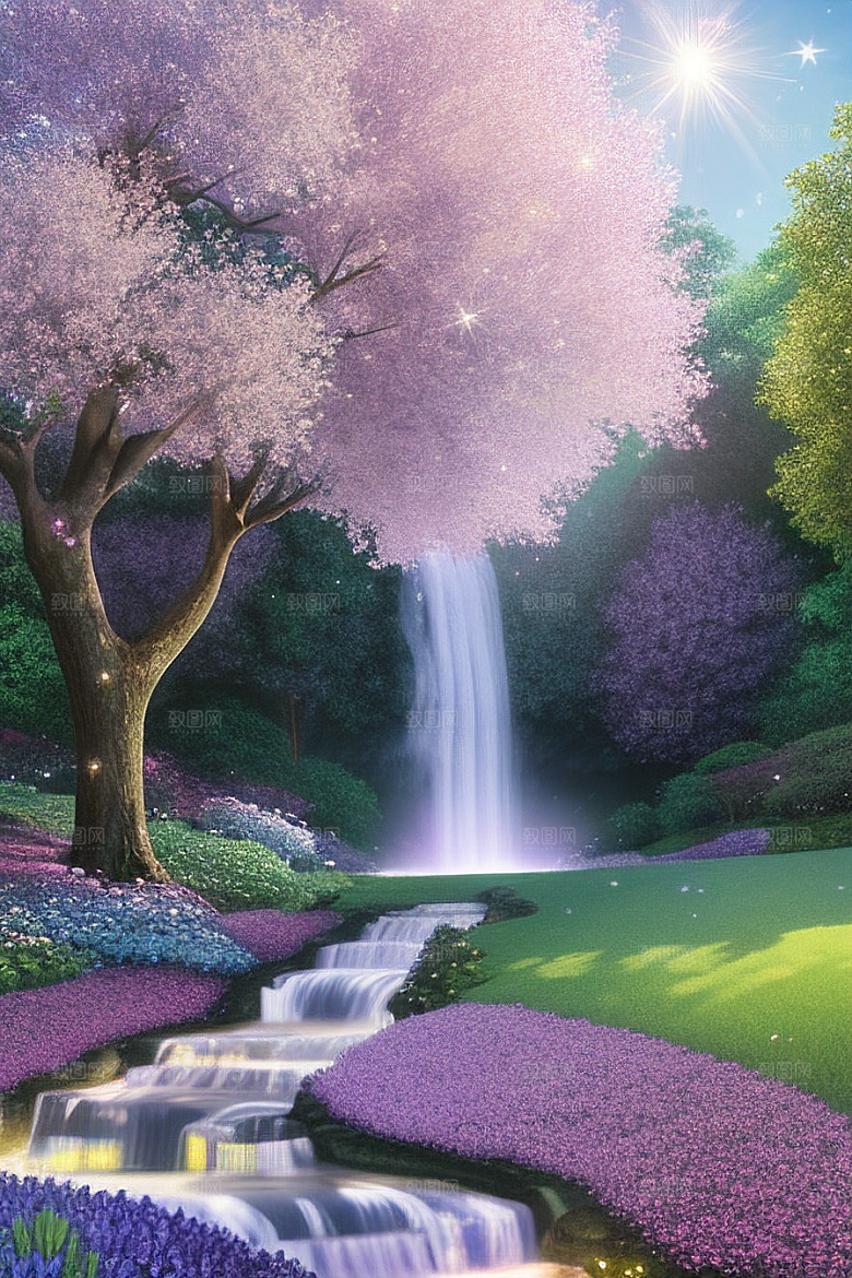 清晨的蓝色花园美景
