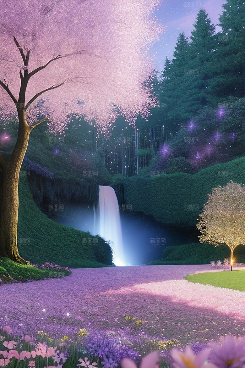清晨的蓝色花园美景