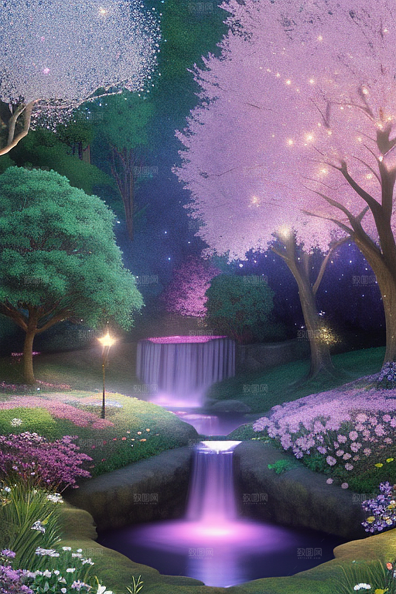清晨的蓝色花园美景