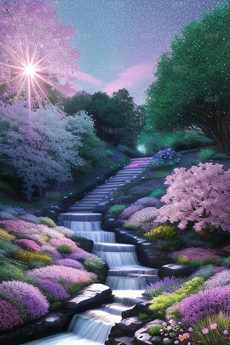 清晨的蓝色花园美景