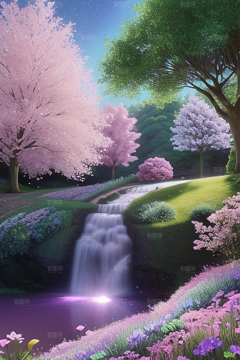 清晨的蓝色花园美景