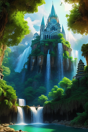 神秘古堡瀑布巅峰丛林中的庄严华丽大教堂