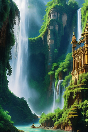神秘古堡瀑布巅峰丛林中的庄严华丽大教堂