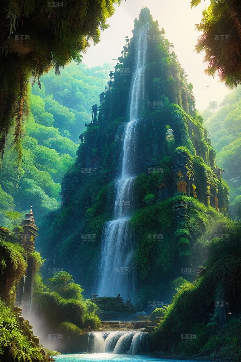 神秘古堡瀑布巅峰丛林中的庄严华丽大教堂