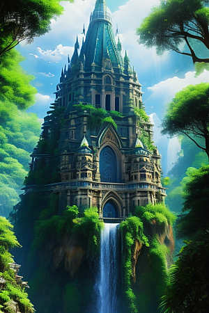 神奇丛林瀑布上方高耸的古华丽大教堂
