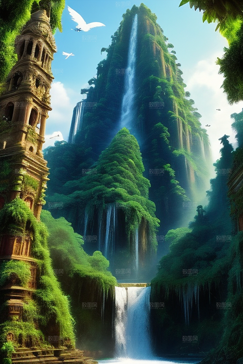 神奇丛林瀑布上方高耸的古华丽大教堂