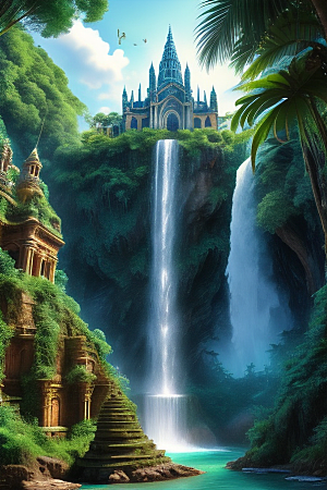 神奇丛林瀑布上方高耸的古华丽大教堂