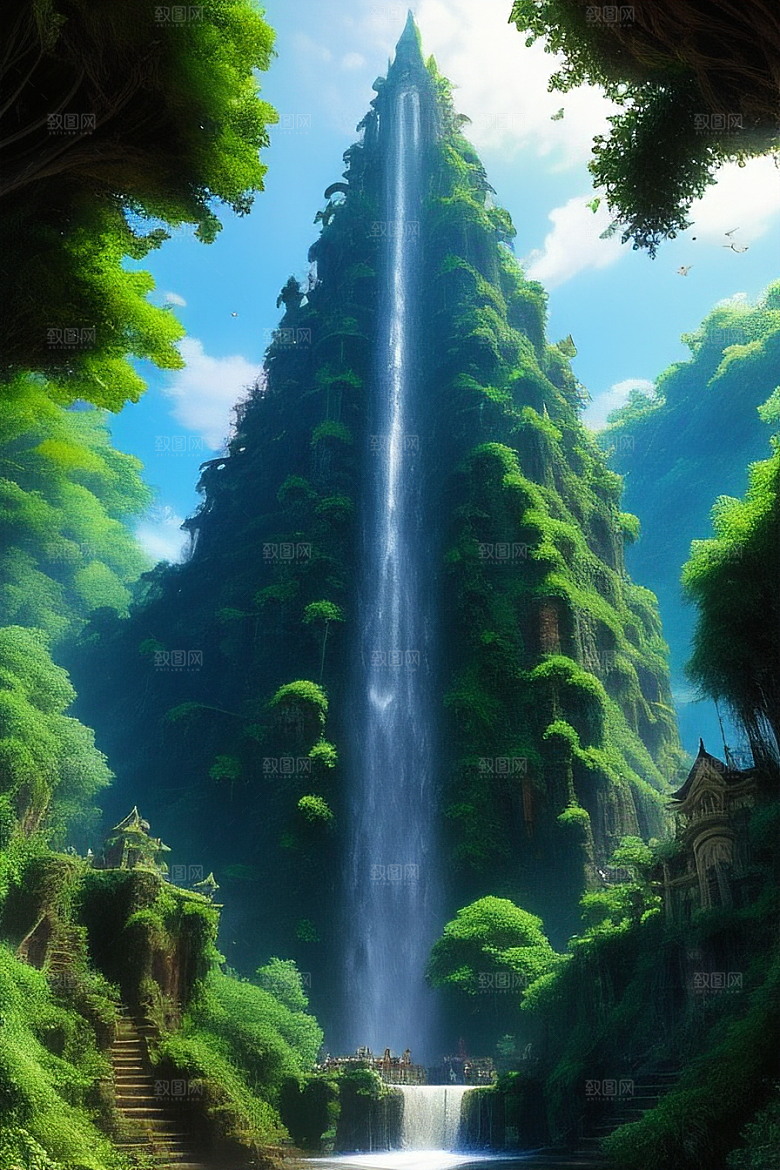 异境华丽瀑布上方丛林中的庄严古大教堂