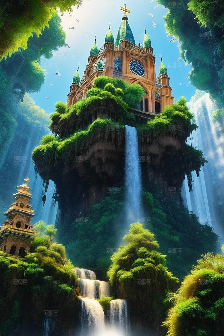 神秘古堡瀑布巅峰丛林中的庄严大教堂