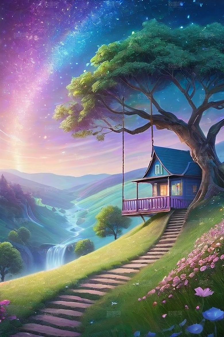 清晨的蓝色花园美景