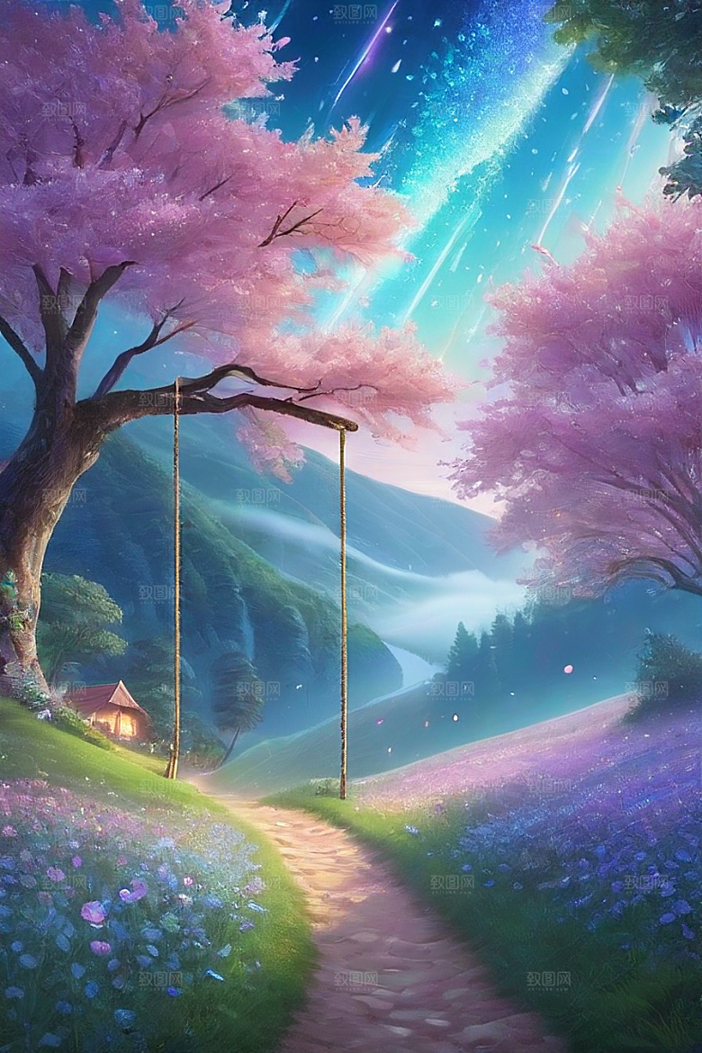 清晨的蓝色花园美景