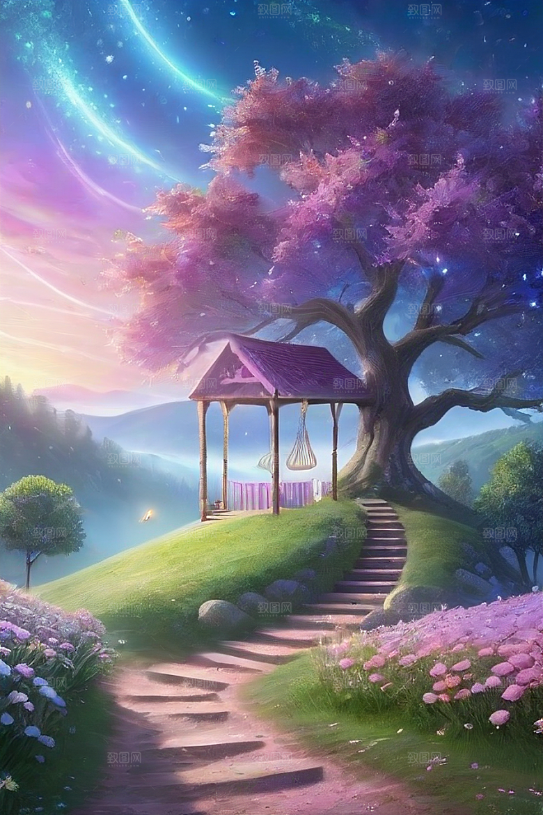 清晨的蓝色花园美景