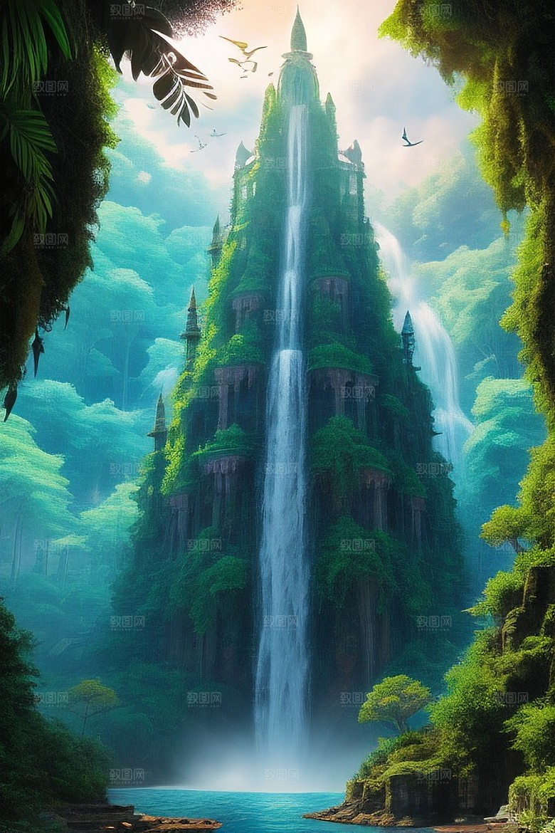 神秘古堡瀑布巅峰丛林中的庄严大教堂