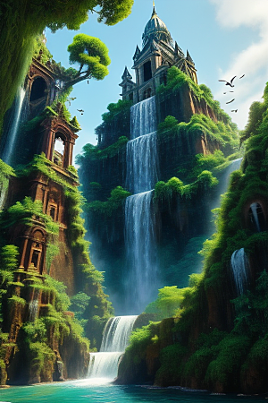 神秘古堡瀑布巅峰丛林中的庄严大教堂