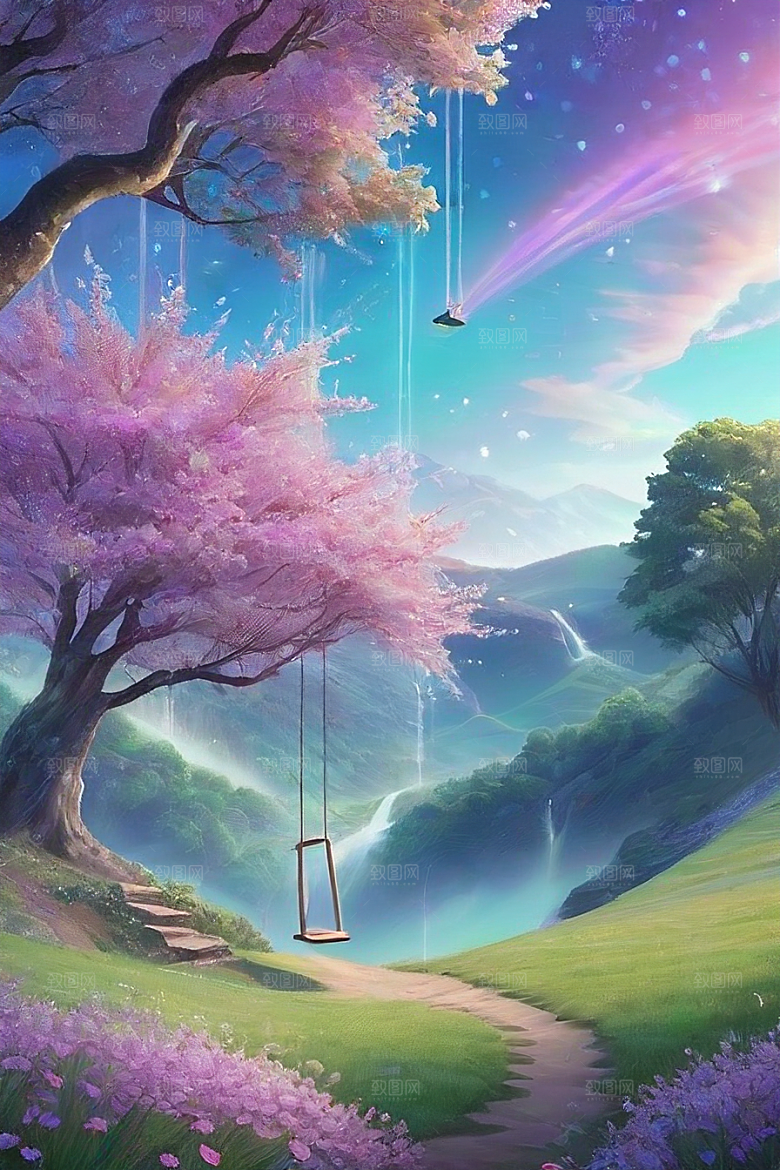 清晨的蓝色花园美景
