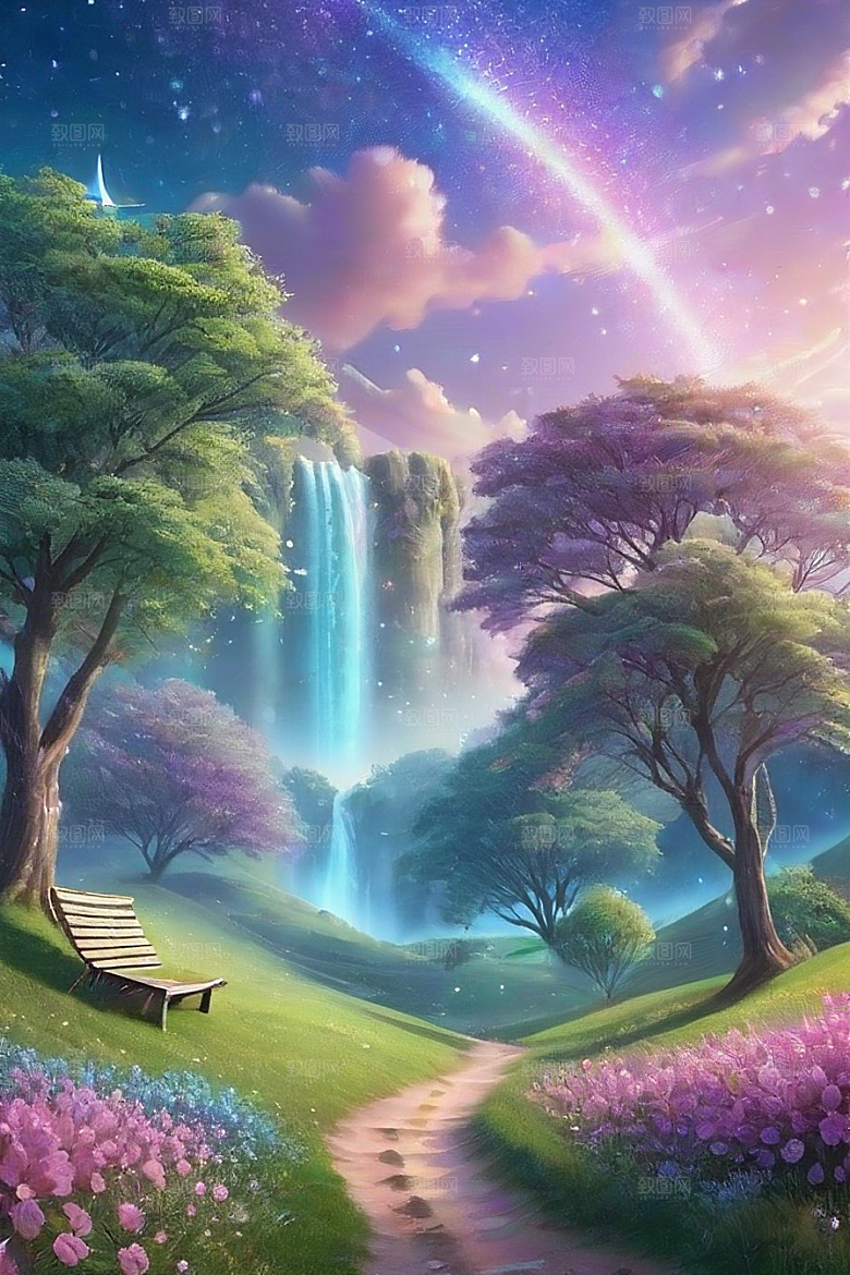 清晨的蓝色花园美景