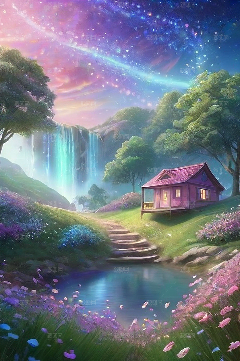 清晨的蓝色花园美景