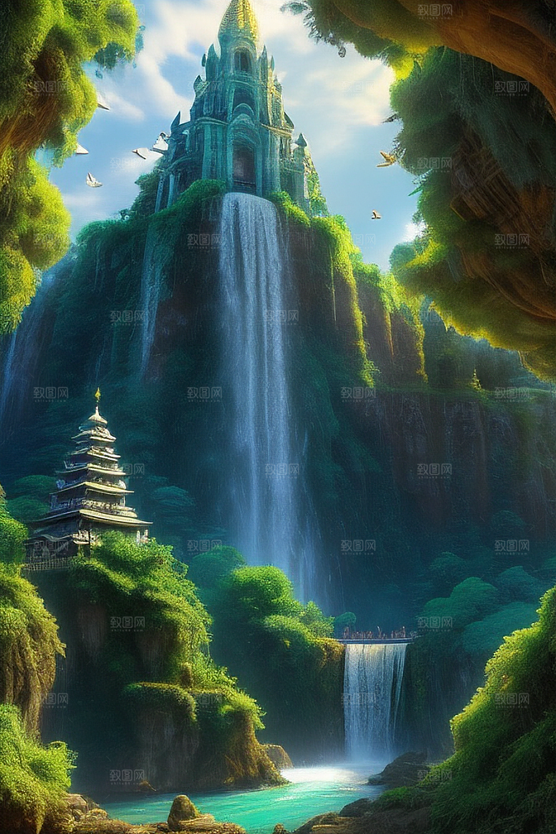 神秘古堡瀑布巅峰丛林中的庄严大教堂