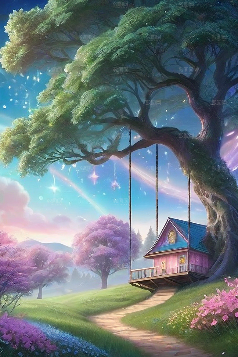 清晨的蓝色花园美景