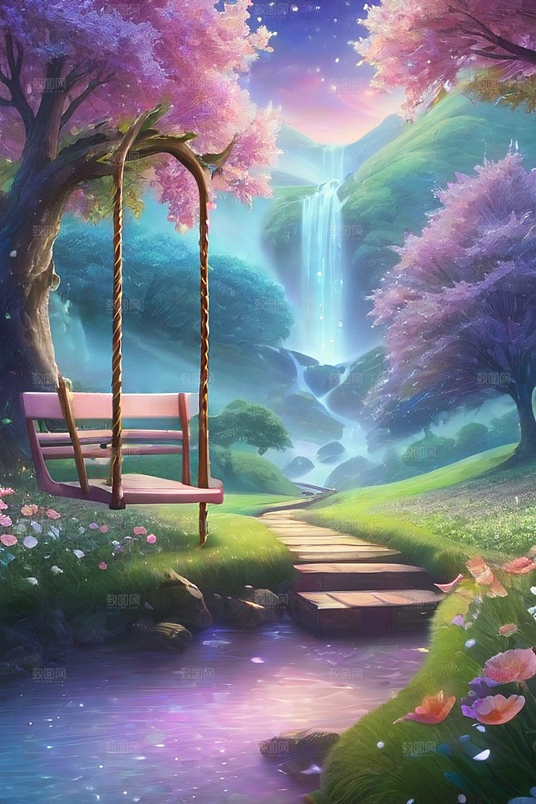 清晨的蓝色花园美景