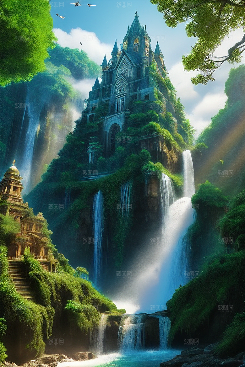 神奇丛林瀑布上方高耸的古庄严大教堂
