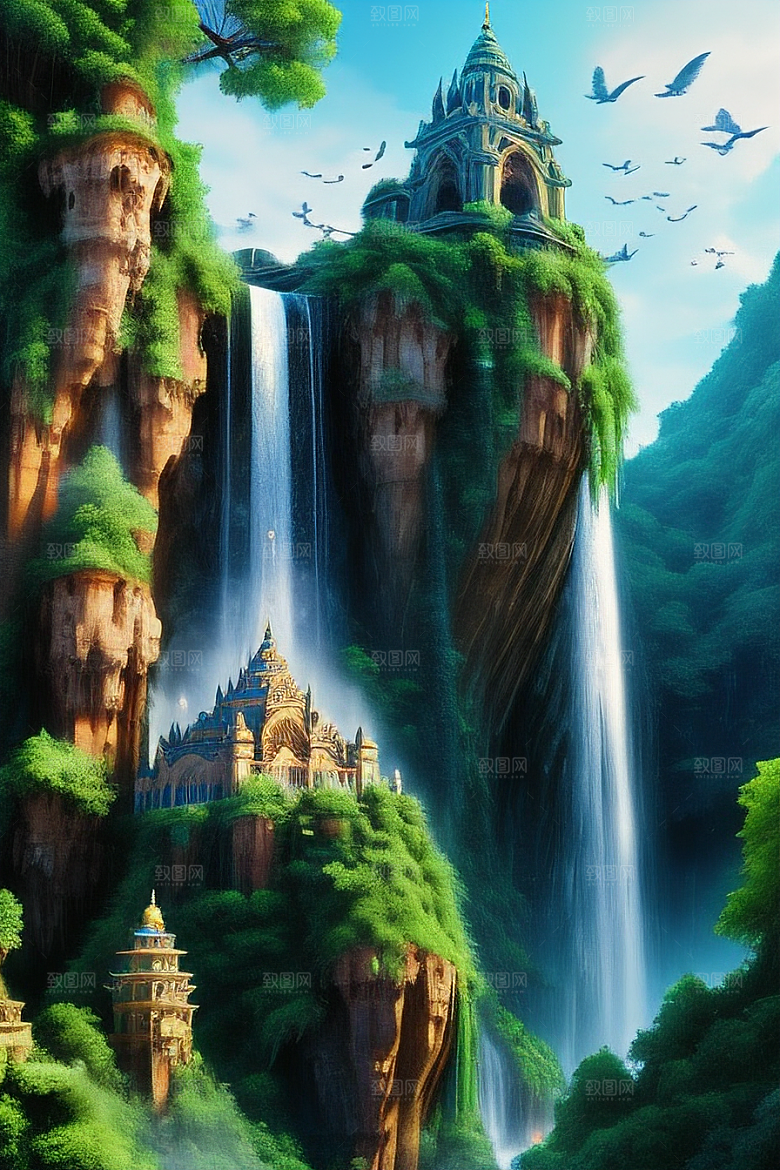 神奇丛林瀑布上方高耸的古庄严大教堂