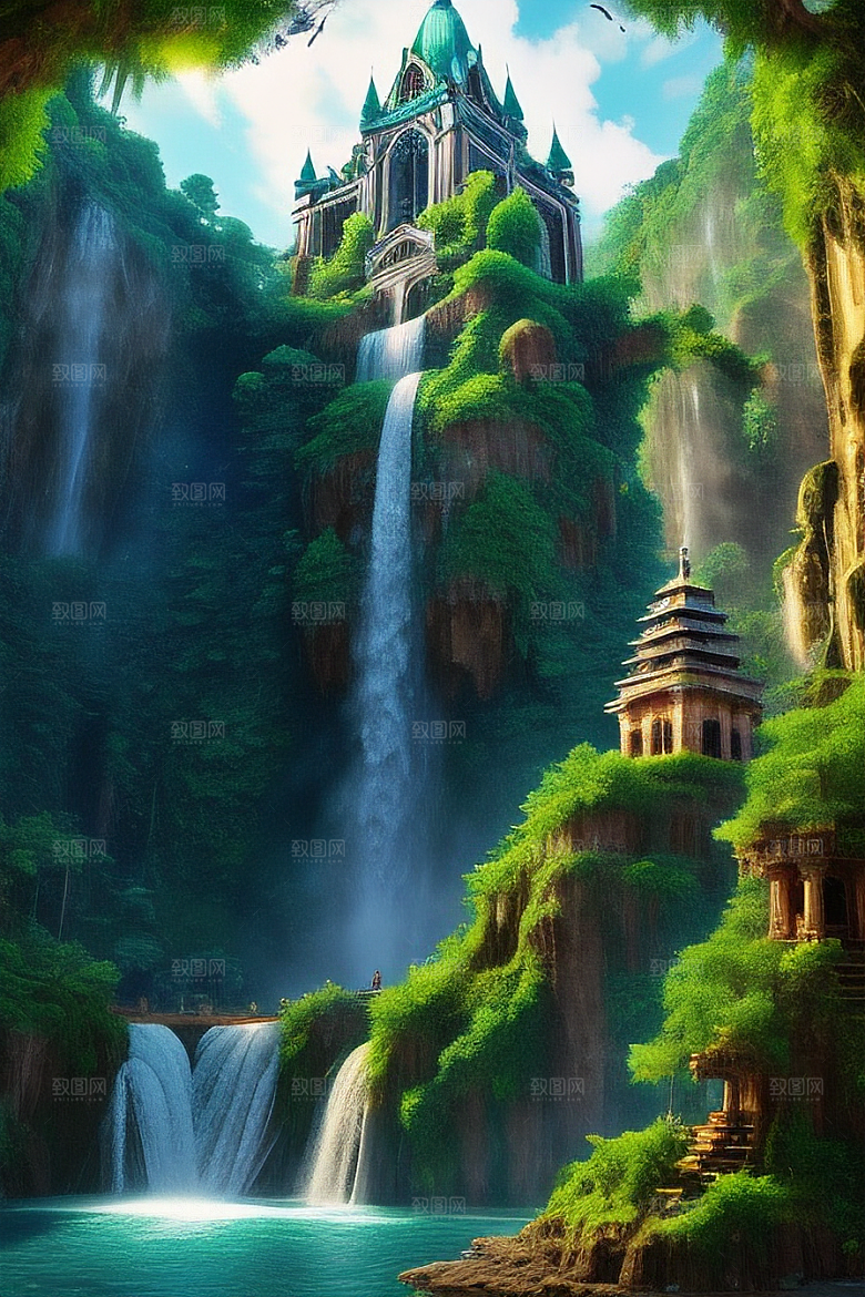 神秘丛林飞鸟翱翔上方的庄严古大教堂