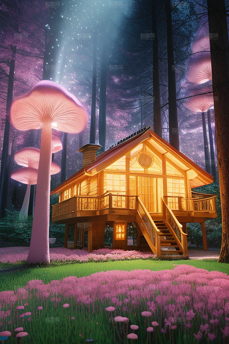 夏日粉色蘑菇屋中的魔法梦境