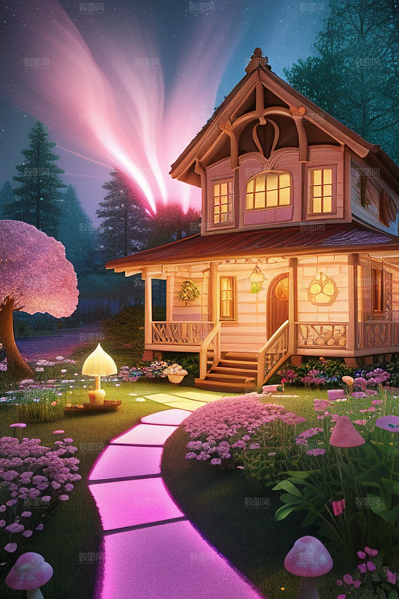 夏日粉色蘑菇屋中的魔法梦境