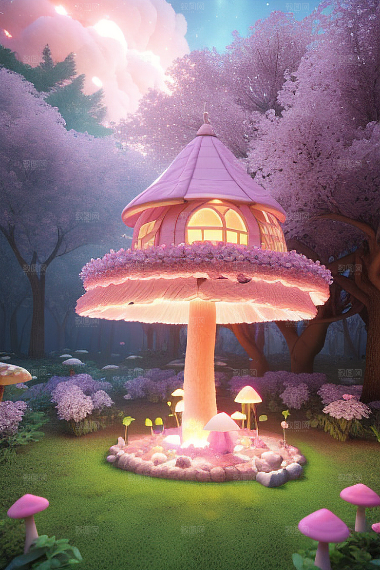 夏日粉色蘑菇屋中的魔法梦境