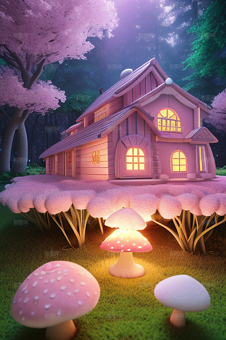 夏日粉色蘑菇屋中的魔法梦境