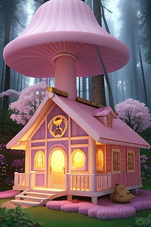 夏日粉色蘑菇屋中的魔法梦境