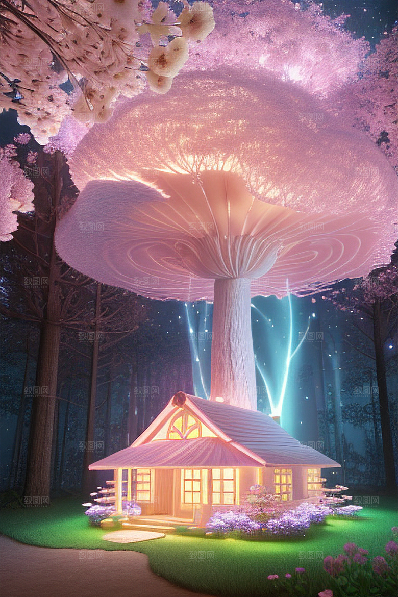 夏日粉色蘑菇屋中的魔法梦境