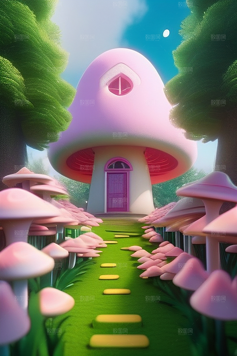 夏日粉色蘑菇屋中的魔法梦境