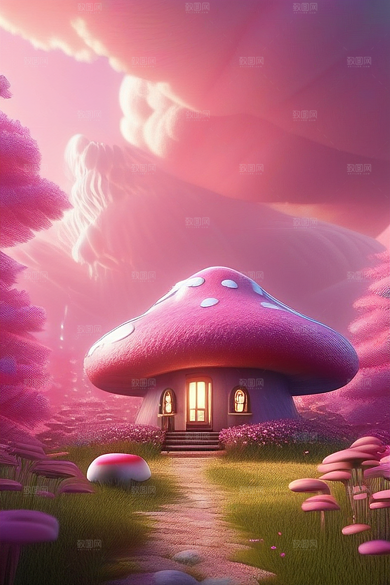 夏日粉色蘑菇屋的童话梦境