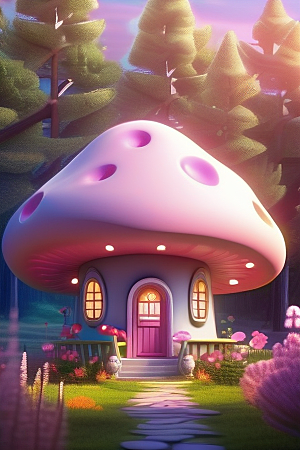 夏日粉色蘑菇屋的童话梦境