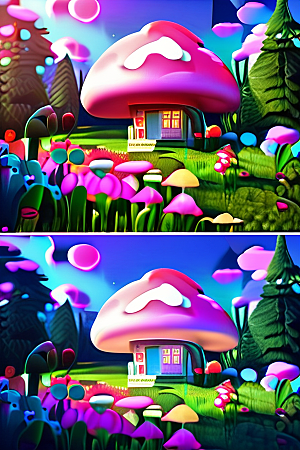 夏日粉色蘑菇屋的童话梦境
