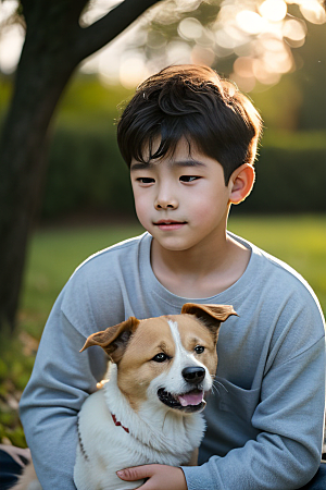 男孩与狗的情感肖像