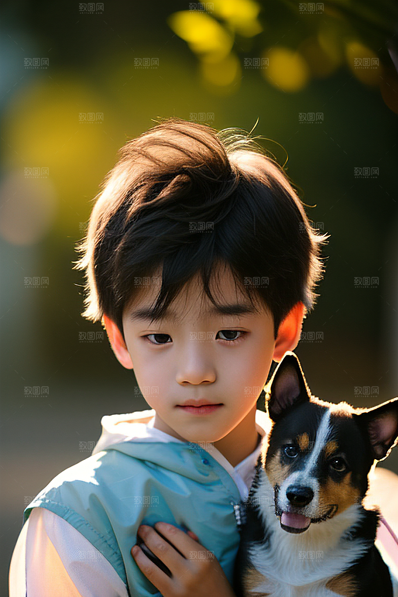 心有灵犀男孩与狗的画像