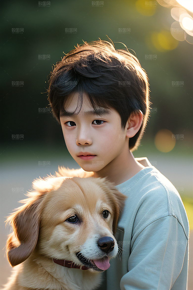 心有灵犀男孩与狗的画像