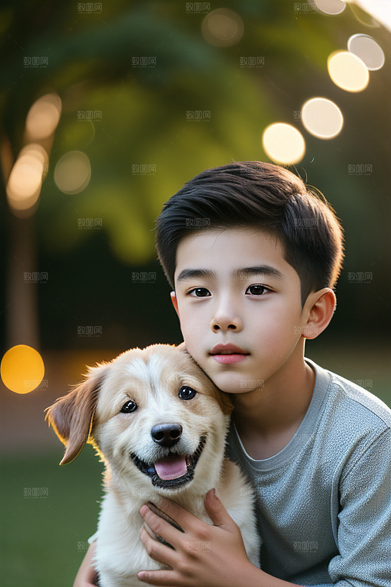 心有灵犀男孩与狗的画像