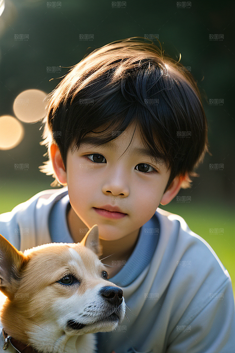 心有灵犀男孩与狗的画像